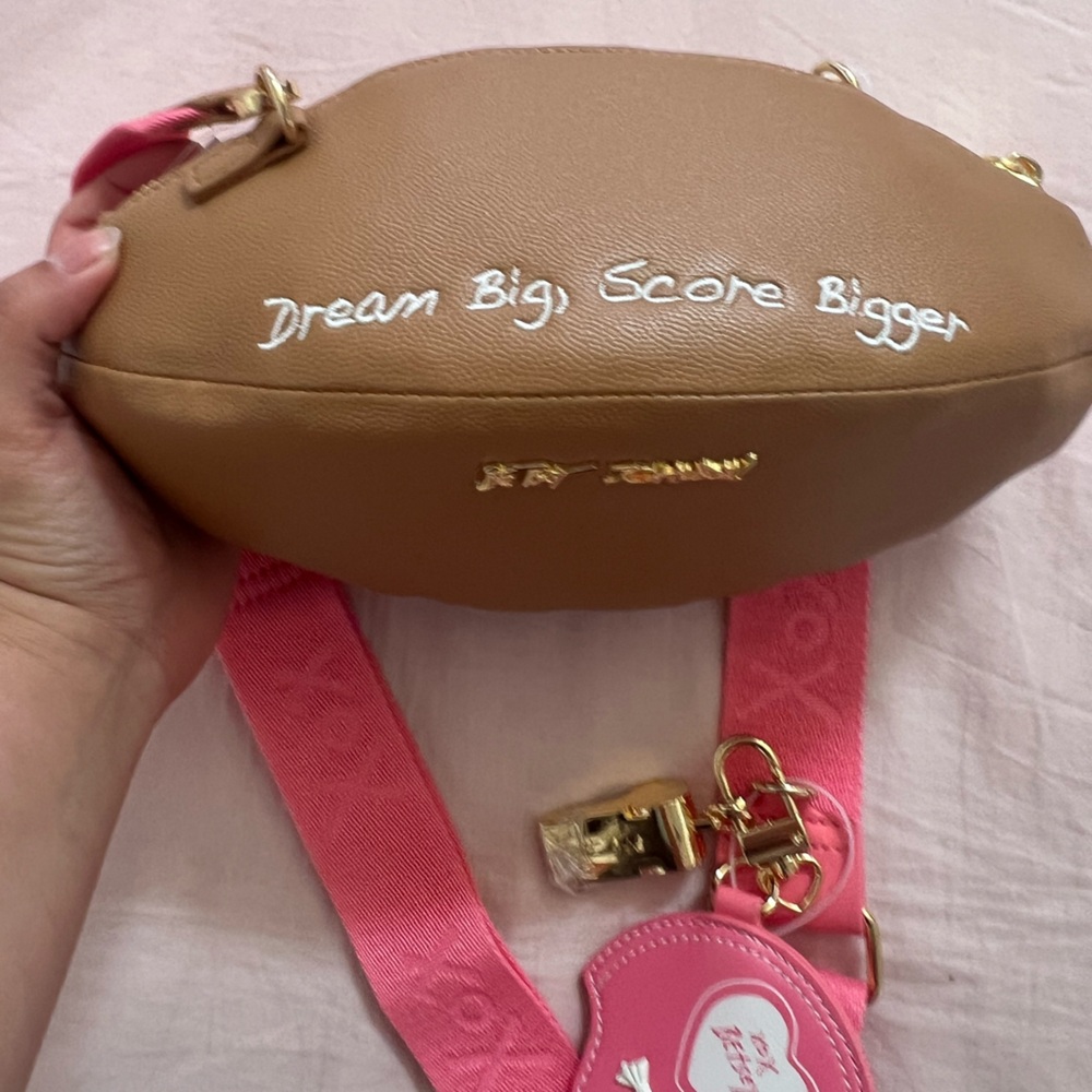 Betsey Johnson Pink and Brown Game Day Coquette Football Crossbody Bag - Picture 5 of 7